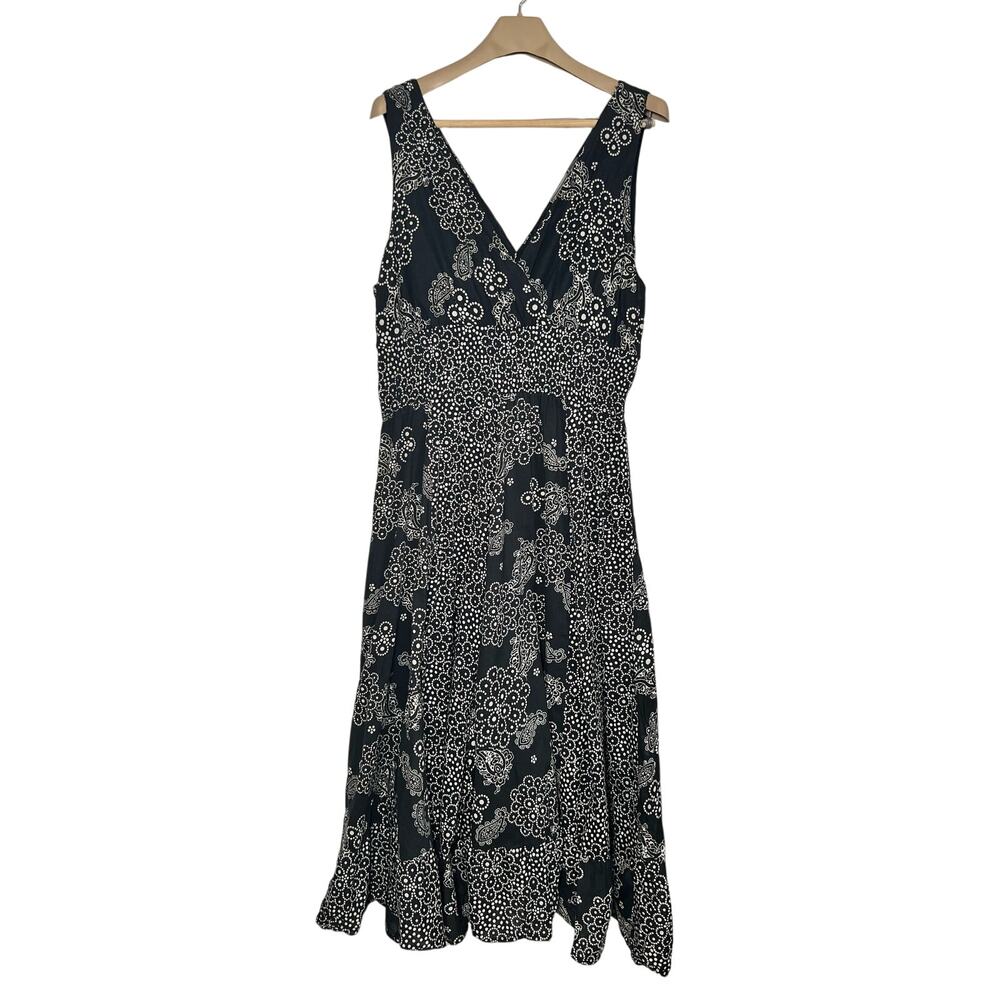 Jane Ashley Dress Black White Vneck 100% Cotton Size 1X Fit & Flare Paisley